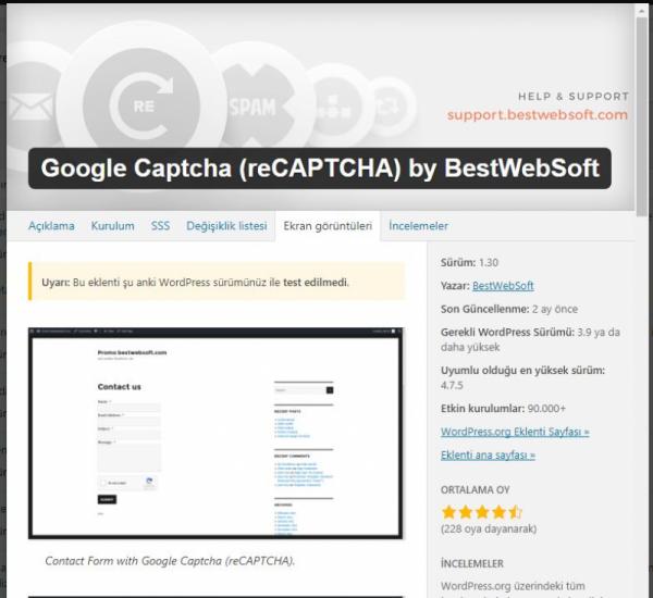 Wordpress formlar için ben robot değilim Google Captcha (reCAPTCHA) by BestWebSoft eklentisi 